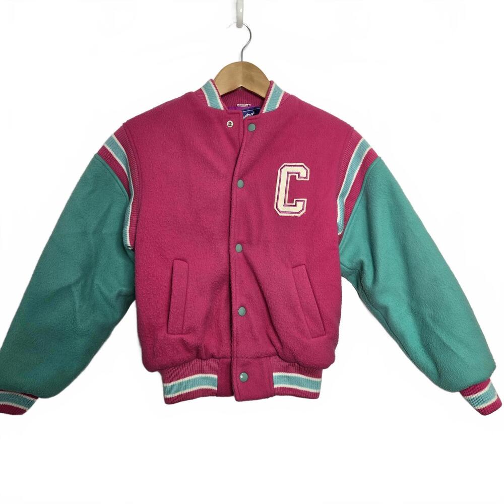 Vintage Varsity Jacket Youth 12 Shellmark Canada Pink Green Fleece Letterman 80s